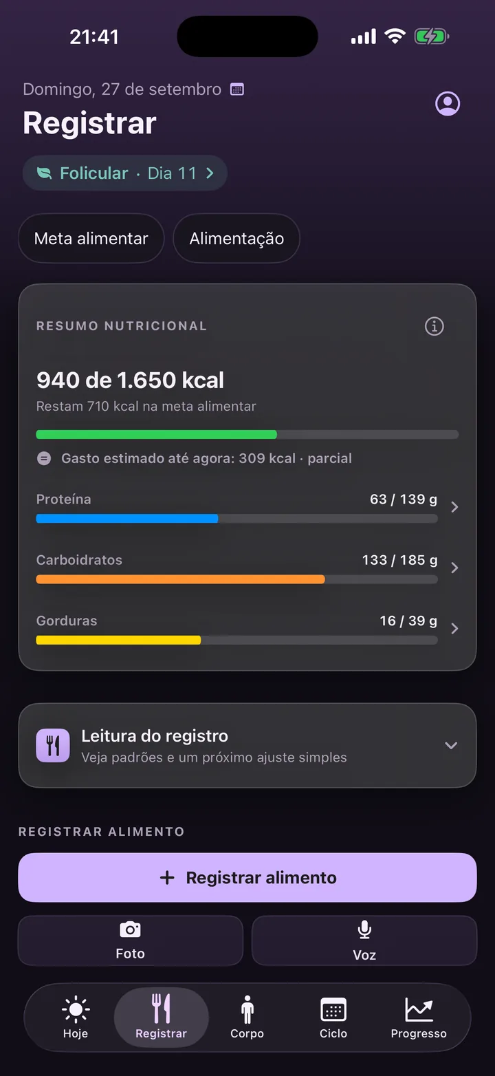 Aba Registrar: resumo nutricional com 940 de 1.650 kcal, proteína, carboidratos e gorduras, e botões de registro por foto e voz.
